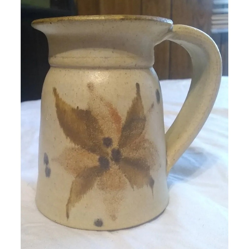 Clay Pottery Mug‎ Cup Handmade Floral Flower Tan Brown Signed 4"